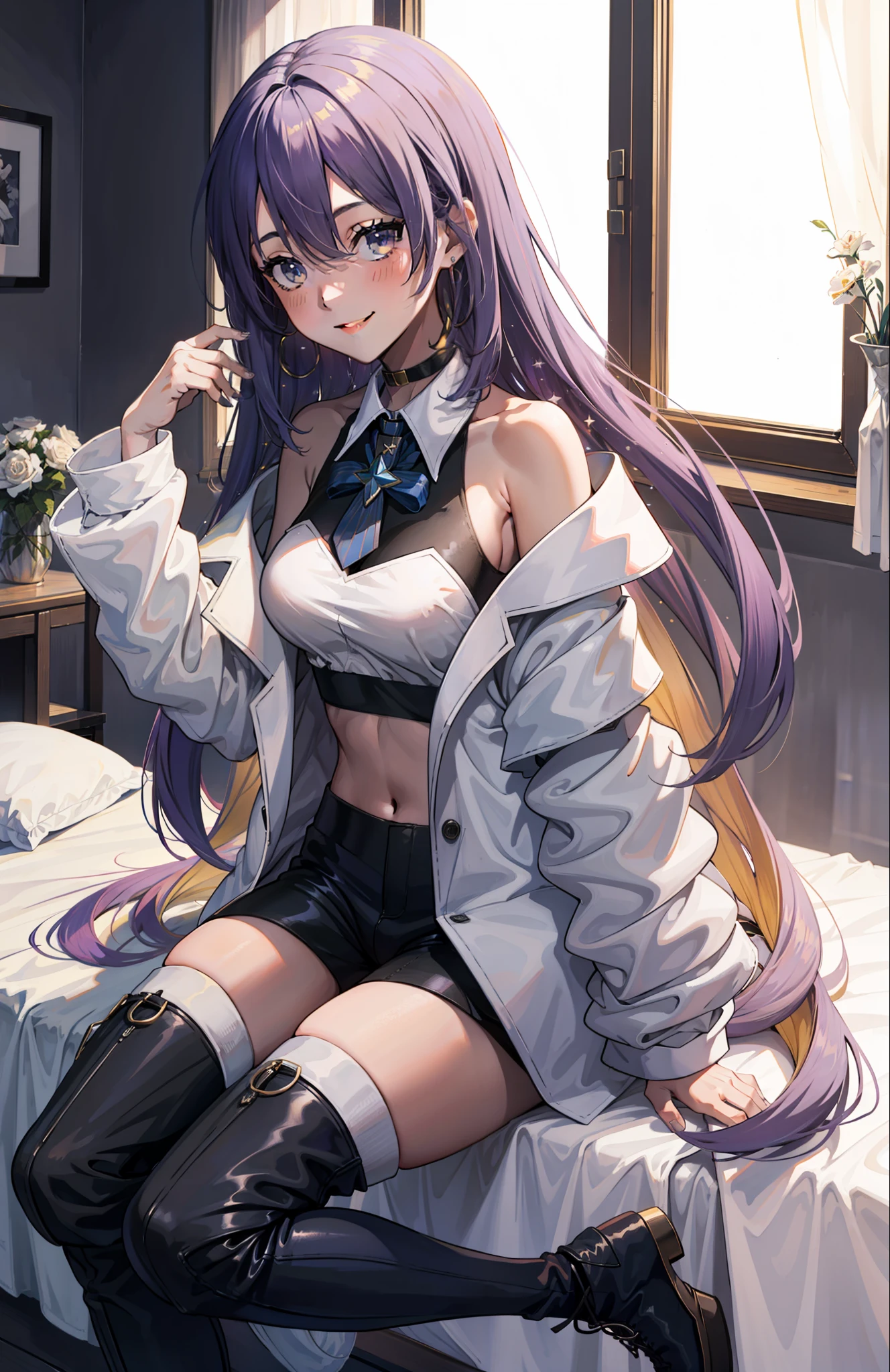 1girll, Star Nova Moon, Purple long hair, White jacket, short jeans pants, shorter pants, Crop top, show stomach, Bedroom, window, pillow head, Bed, Sitting, (Masterpiece:1.2), A high resolution, Best quality, 8K, Sexy pose, Blush, Shy, Smile, V-neck shirt, The middle chest is shown, Braided out, long socks, very short pants,