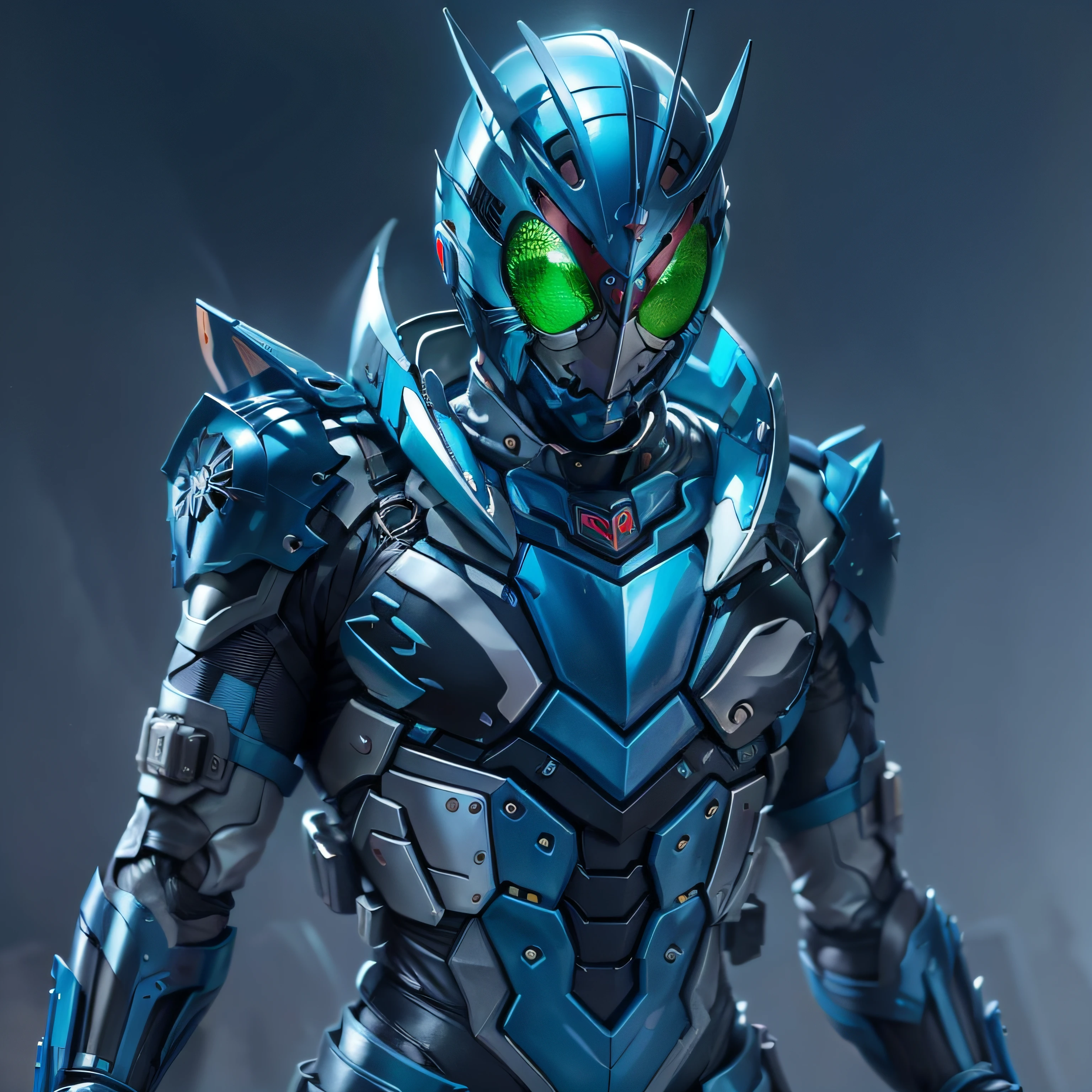 Blue Kamen Rider, silver armor, gray and black clothes, blue TechSuit, agente secreto, Robot