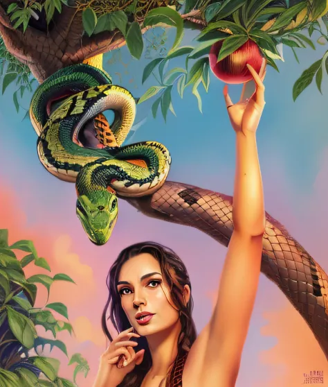 there is a woman holding an apple and a snake in a tree, mulher cobra, full-colour illustration, color digital illustration, ada...