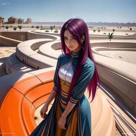 chica de cuerpo entero vestida de oficina su cabello es de color violeta  camina pensatica por un palacio del desierto