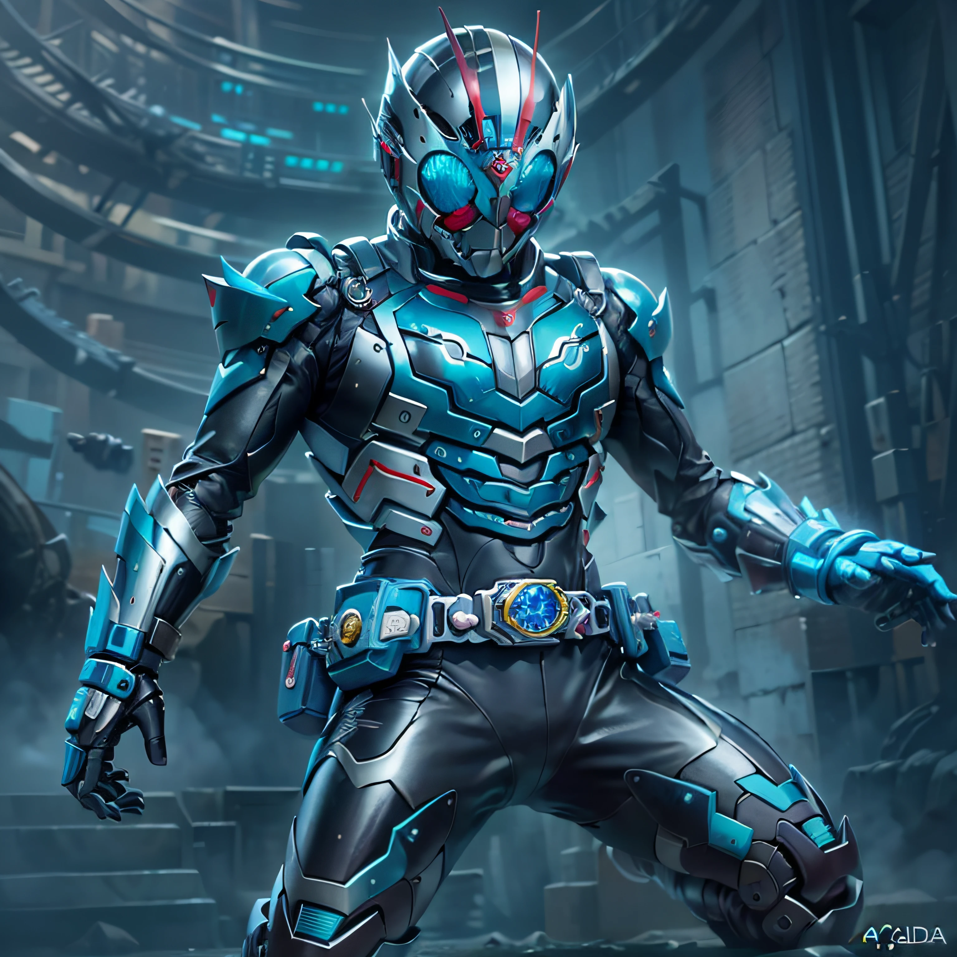 Cavaleiro Kamen Azul, Armadura prateada, roupa cinzenta e preta, TechSuit azul, agente secreto, Robô