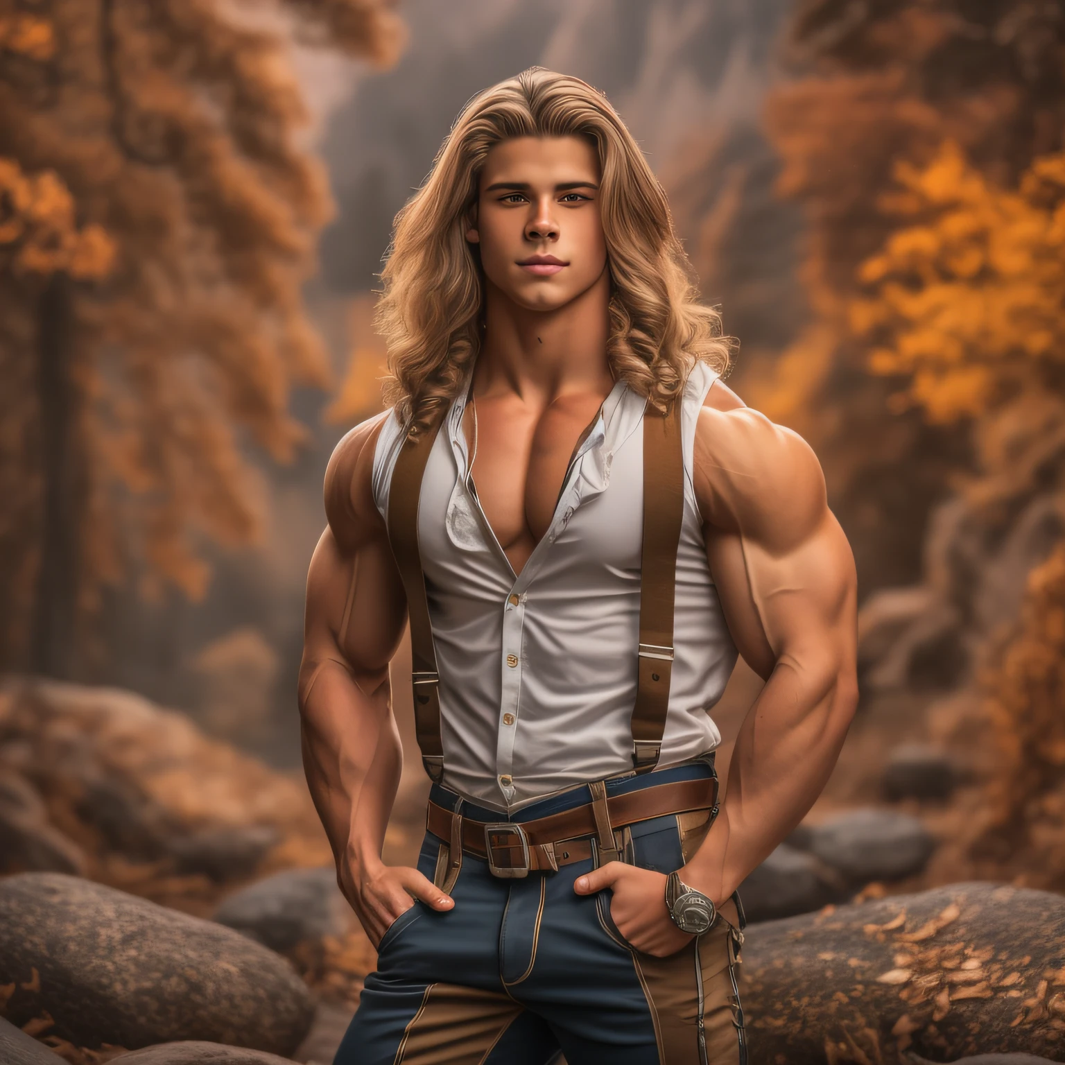 An 18-year-old boy bodybuilder, embodying the perfect fusion of Joey Lawrence and Cody Calafiore with long hair, exuding an aura of strength and confidence. Enhanced with HDR technology, this image depicts a true masterpiece, 4K resolution, Swabian lederhosen, fairytale fantasy vibe