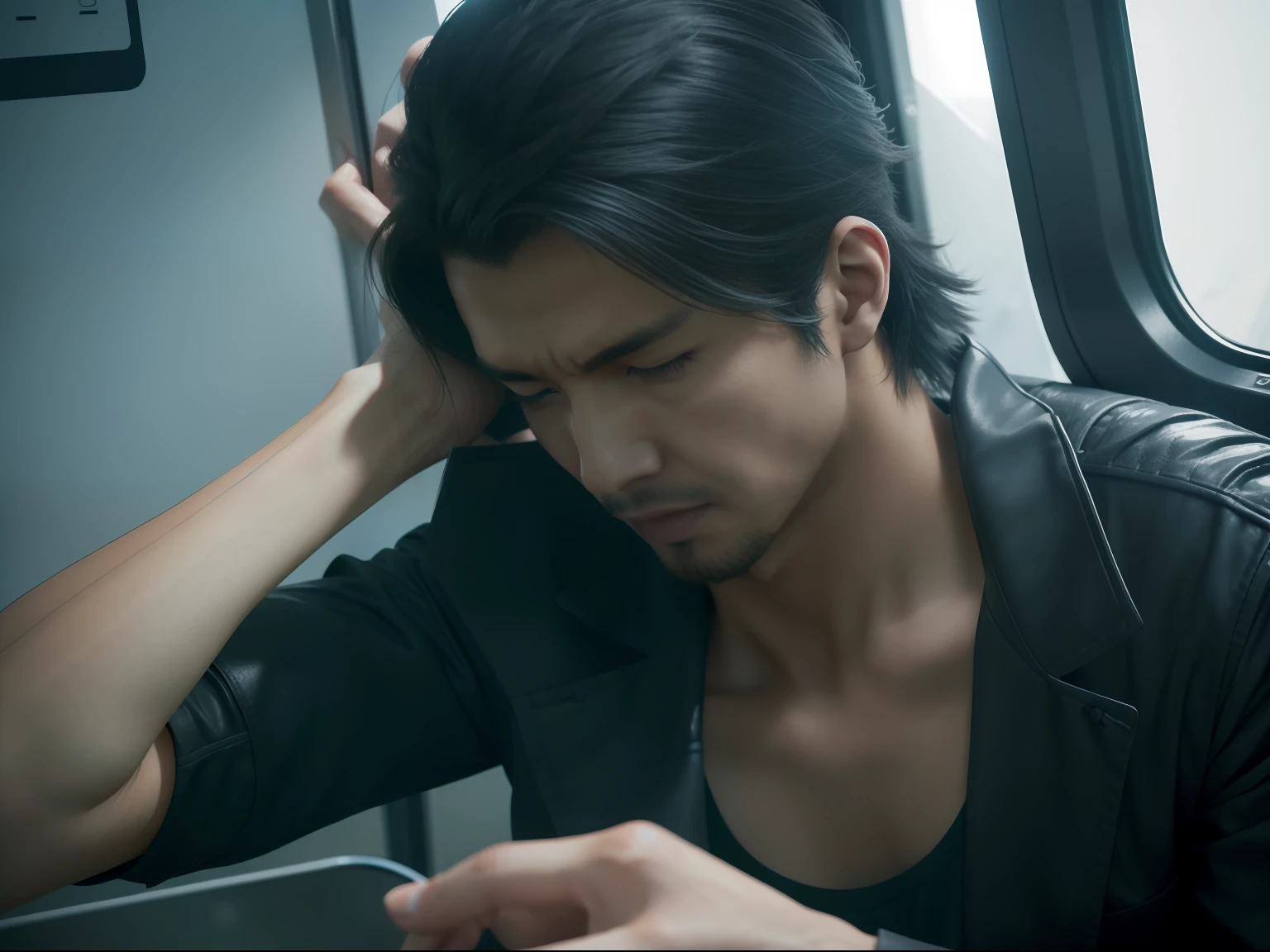 realisticlying, best qualtiy, tmasterpiece, Naoya Kuroshima, Glamorous hairdresser，In the absence of food，End the train in a devastated futuristic world，He found himself struggling to survive in extreme conditions，Water or communication。