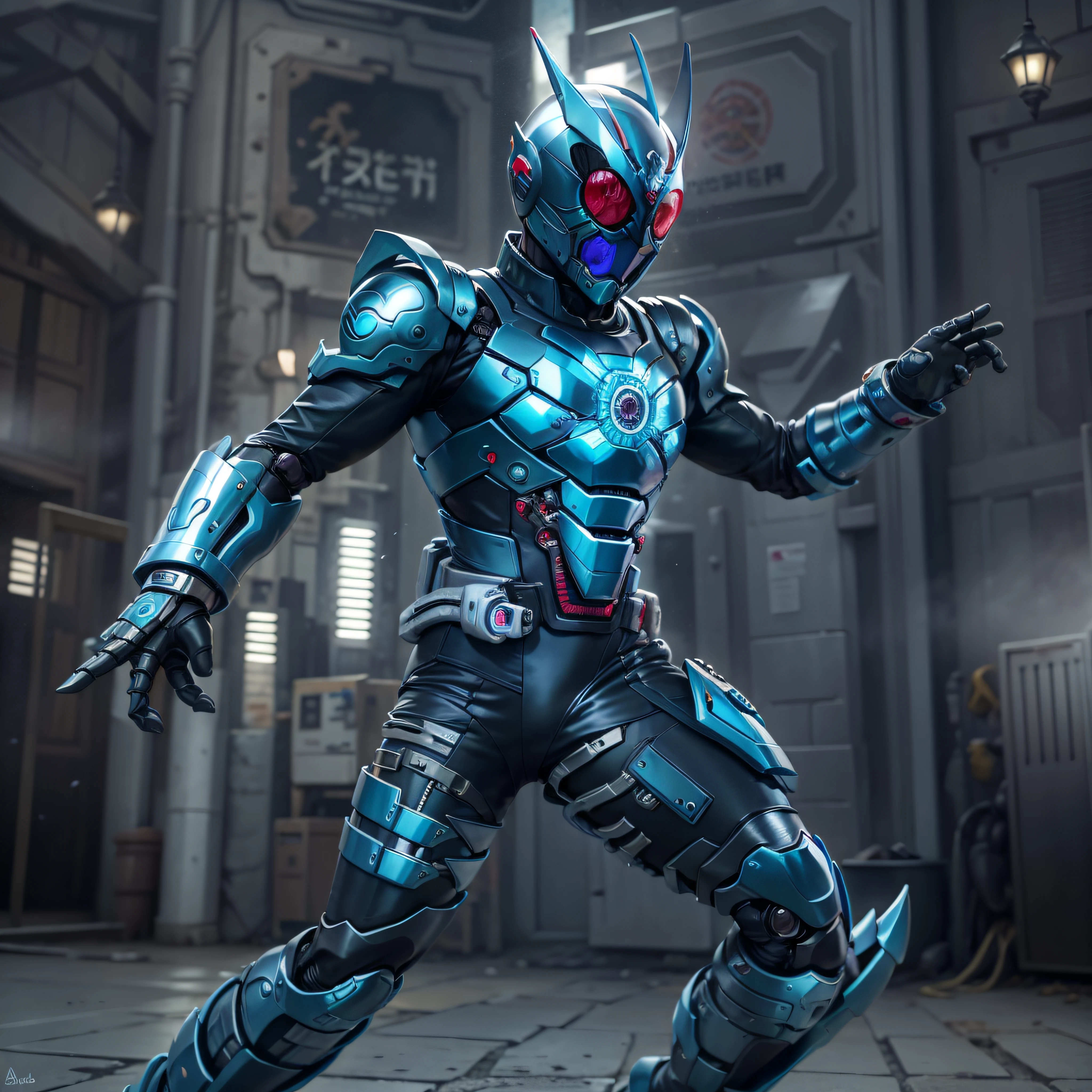 Cavaleiro Kamen Azul, Armadura prateada, roupa cinzenta e preta, TechSuit azul, agente secreto, Robô