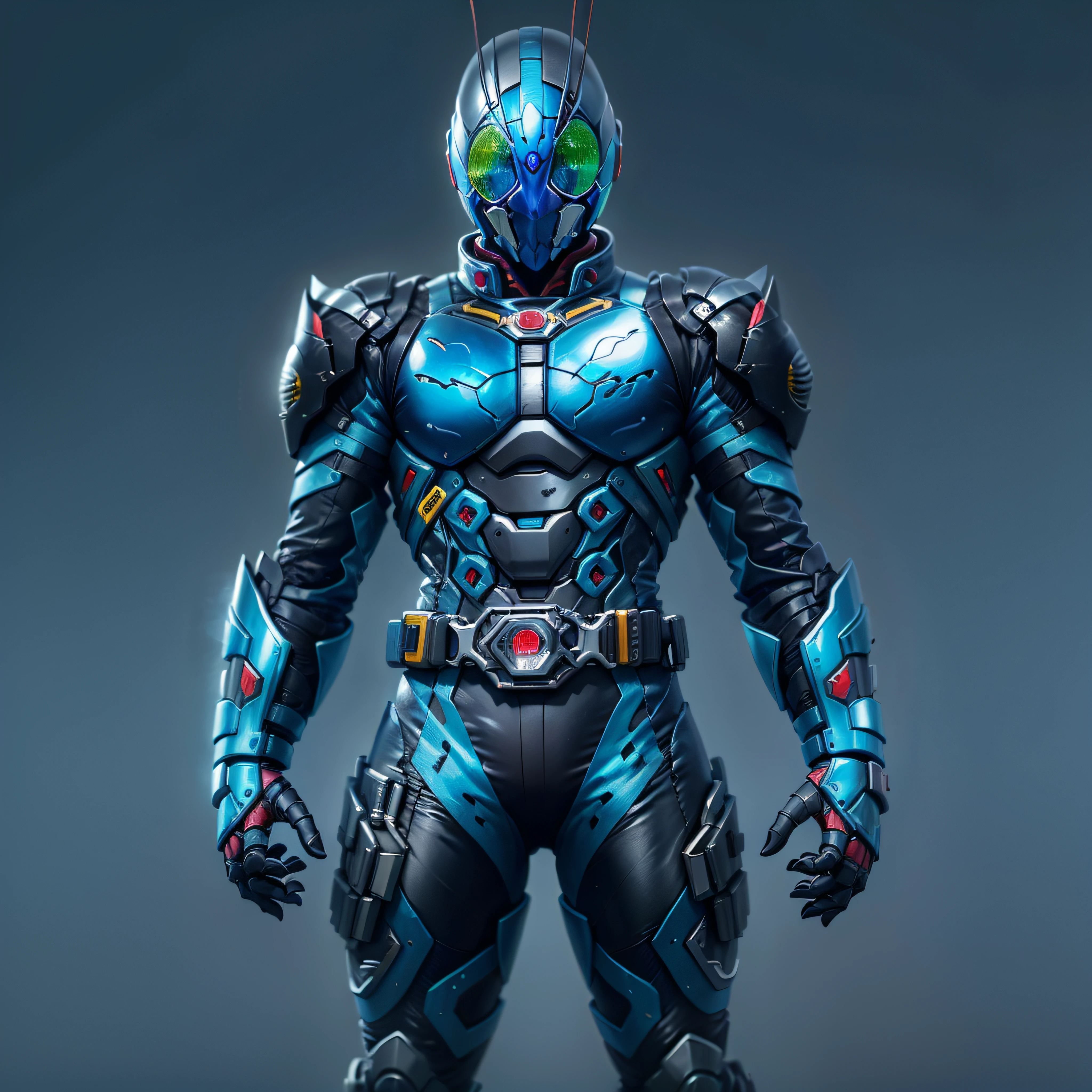 Jinete Kamen azul, armadura de plata, ropa gris y negra, traje técnico azul, agente secreto, Roboto