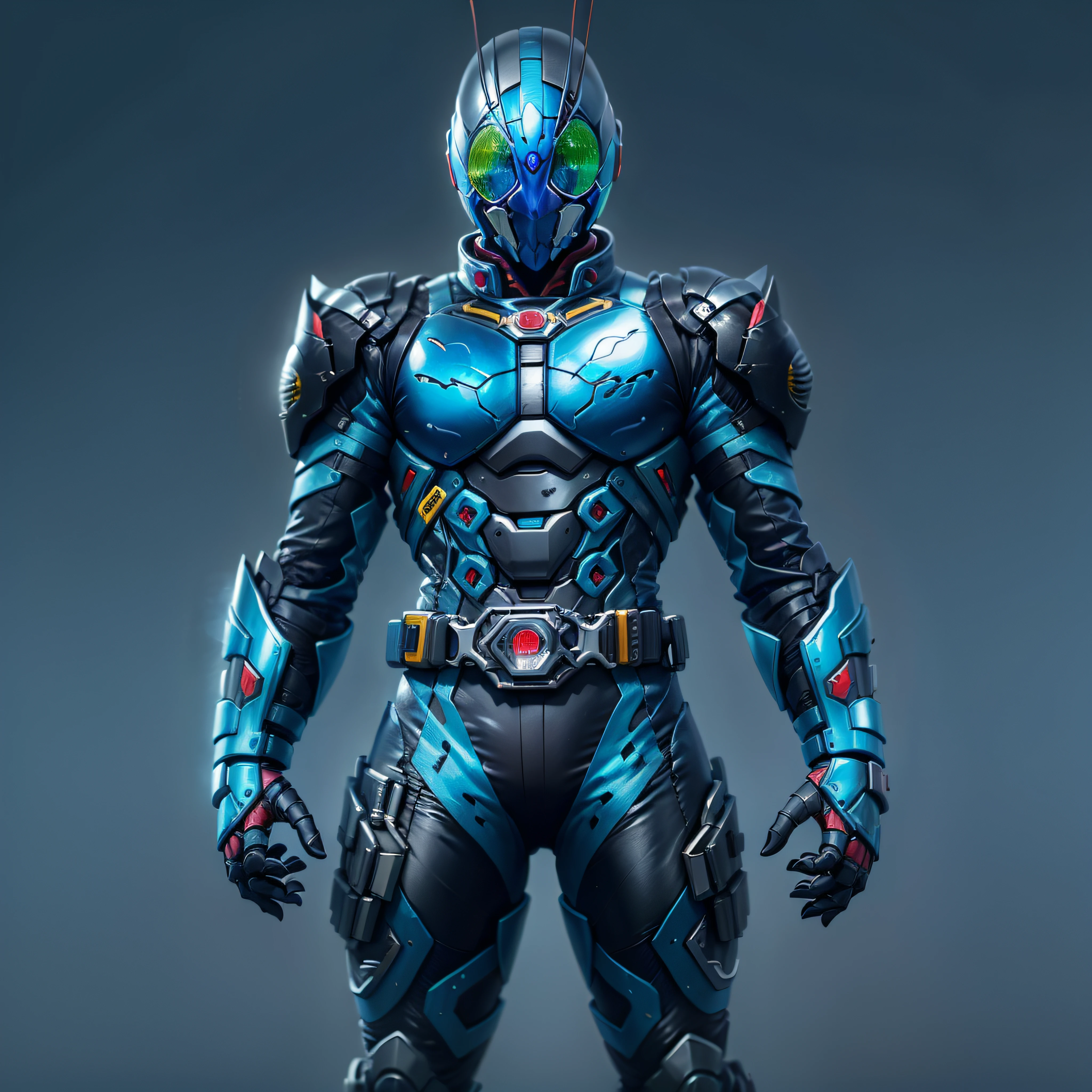 Cavaleiro Kamen Azul, Armadura prateada, roupa cinzenta e preta, TechSuit azul, agente secreto, Robô