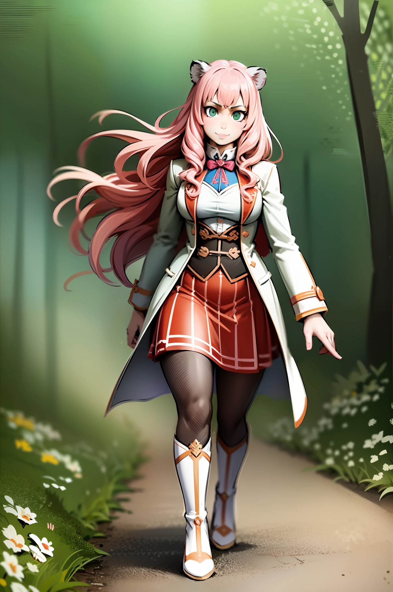 , tiger ears, tiger tails, martial art, medium chest, pink hair, skirt, jacket, godess,1girl,coat,walking, solo focus.1character, holy catholic mountain,alone, full body, long skirt, smug smile, long skirt, victorian cloths, forest, portrait