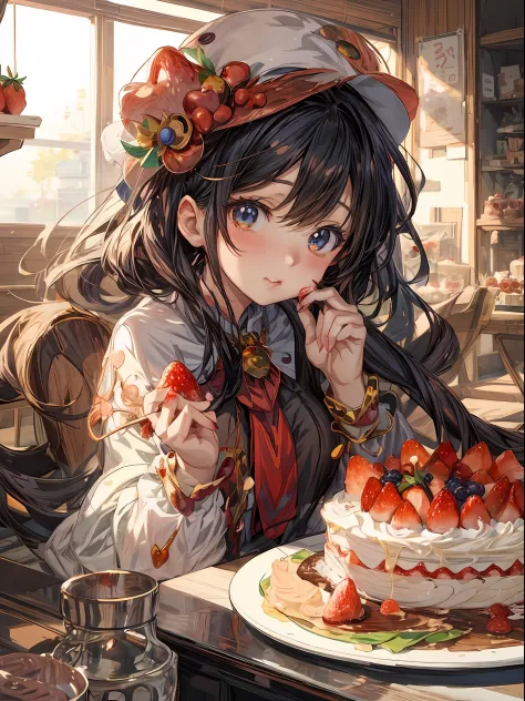 anime girl with a hat and strawberries on her head sitting at a table, kawacy, anime visual of a cute girl, cute anime girl, eating cakes, young anime girl, guweiz, high quality anime artstyle, anime girl, artwork in the style of guweiz, beautiful anime gi...