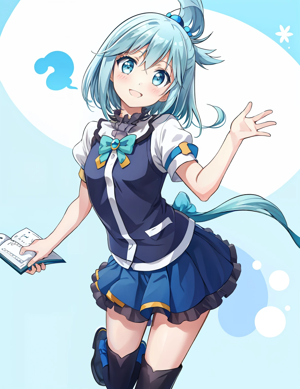 Konosuba, captura de tela do anime, coloração de anime, 1 (aqua), cabelo comprido, Sozinho, boca aberta, sorriso, corpo inteiro, inclinar a cabeça, cabelo azul, olhos azuis, mangas separadas, botas de água, ao ar livre, sol, árvores, rio, ornamento de cabelo, fundo simples, ombros nus, anel de cabelo único, arco verde, de frente para o espectador, camisa azul, feliz, mãos cruzadas, na floresta.,