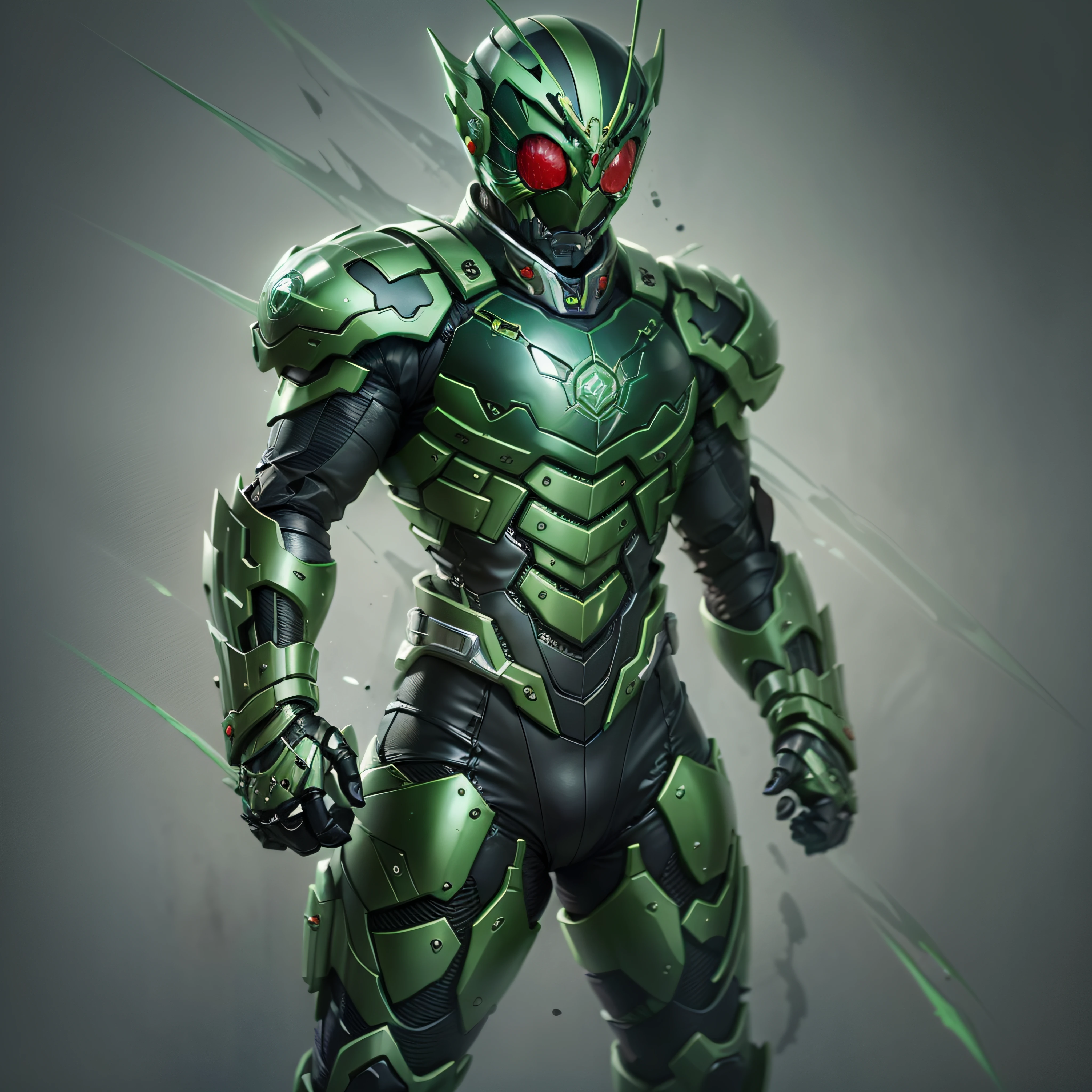 Kamen Rider Verde, armadura de plata, ropa gris y negra, TechSuit verde, agente secreto, Roboto