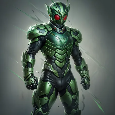 Green Kamen Rider, Armadura prateada, roupa cinzenta e preta, green TechSuit, agente secreto, Roboto