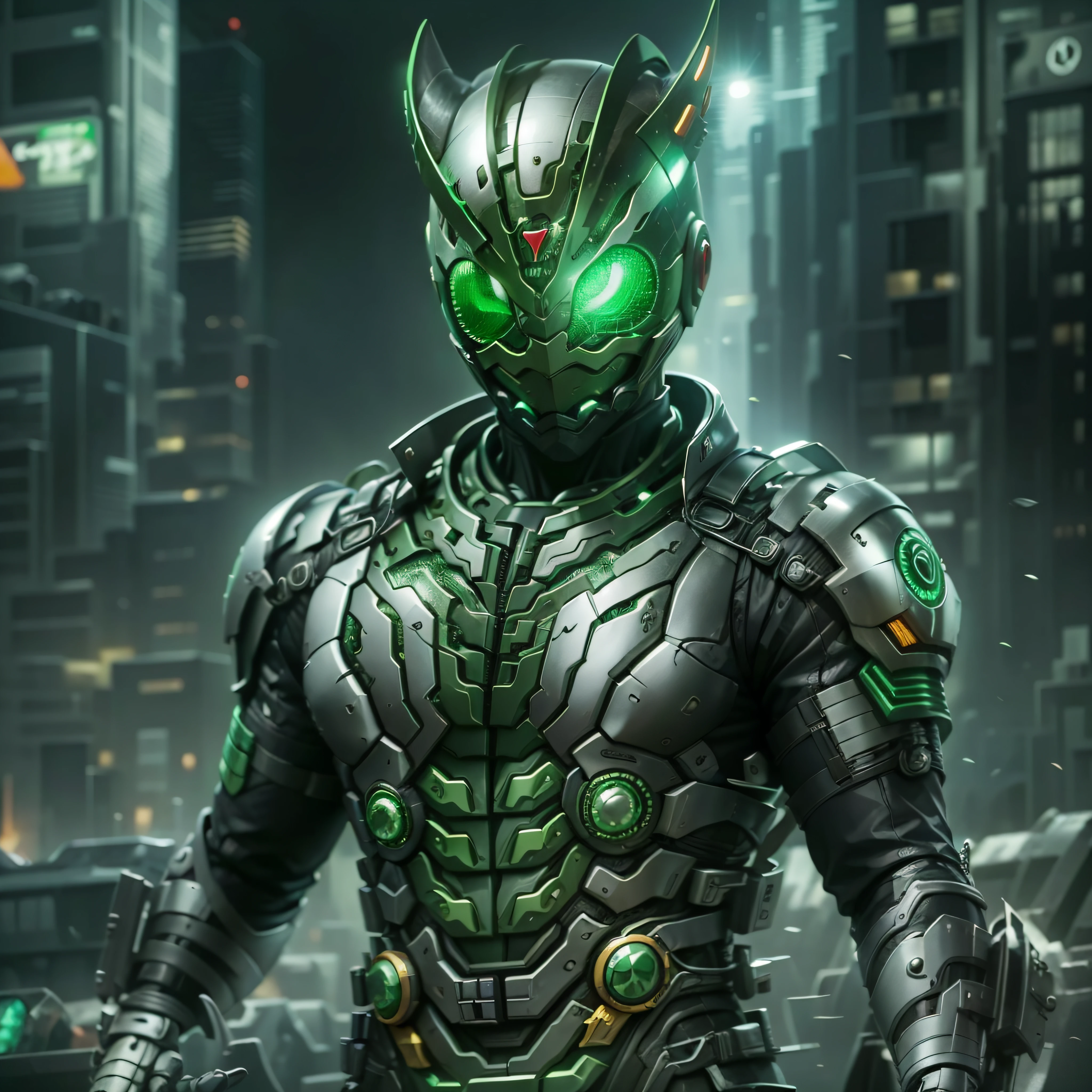 Cavaleiro Kamen Verde, Armadura prateada, roupa cinzenta e preta, TechSuit verde, agente secreto, Robô