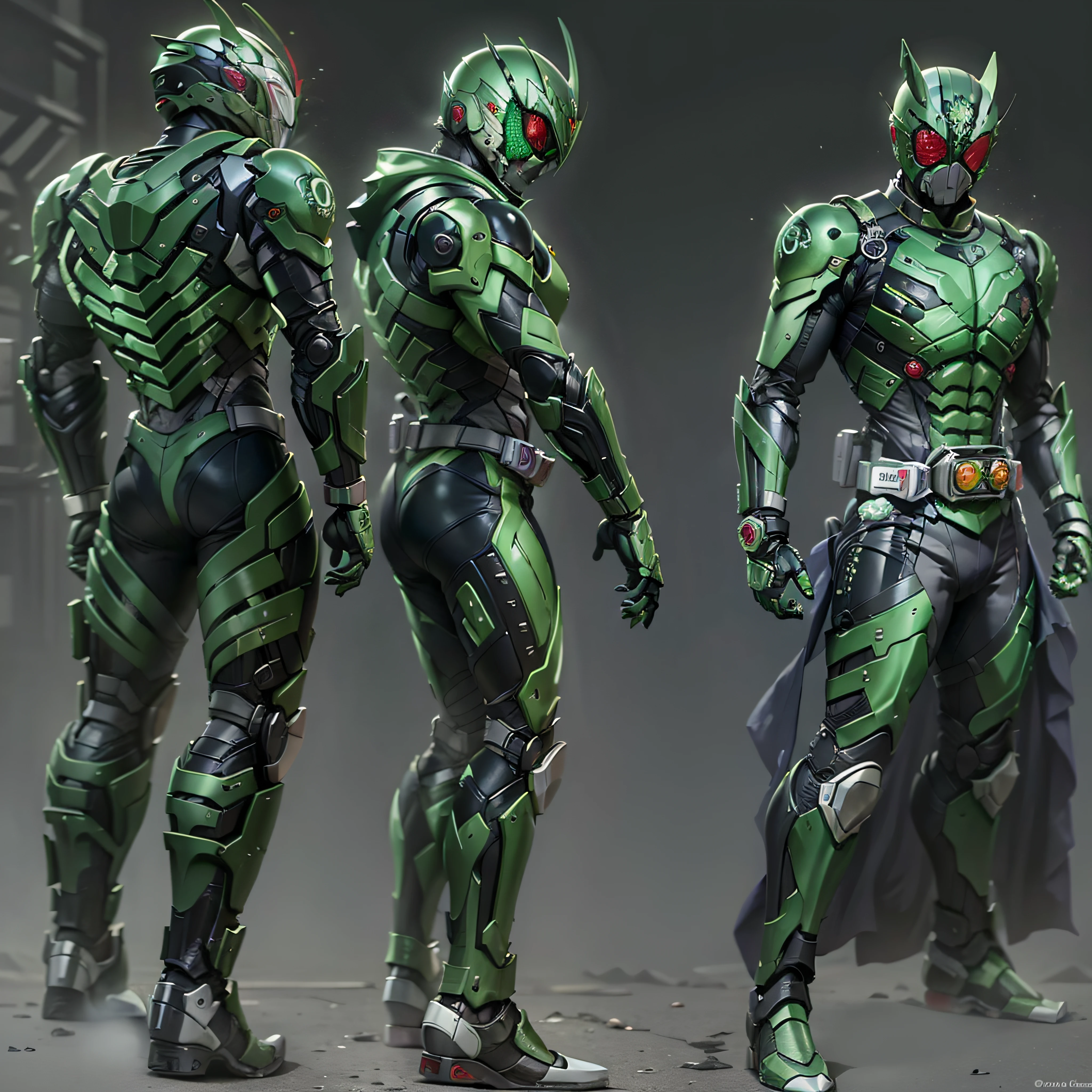 綠假面騎士, 银甲, 灰色和黑色的衣服, 綠色科技服, 密探, 機器人