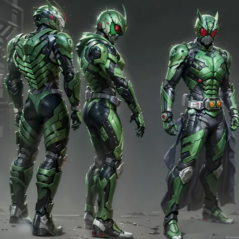 Green Kamen Rider, Armadura prateada, roupa cinzenta e preta, green TechSuit, agente secreto, Roboto