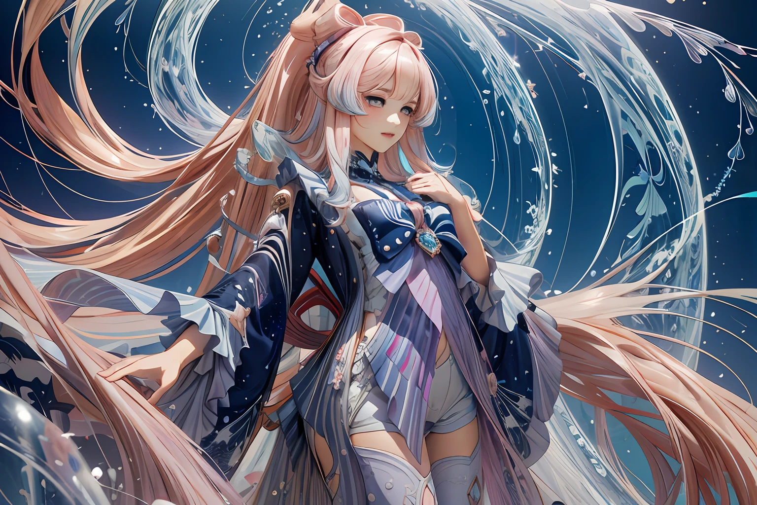 (masterpiece, top quality, best quality, official art, beautiful and aesthetic:1.2), (1girl),extreme detailed,(fractal art:1.5),colorful,highest detailed,[pink waves| iridescent pearls]hair, very long hair,(Scattered), (flowing hair:1.5),floating pastel pink hair, translucent clothes, big bow on her chest, surrounded by pearls and seashells, underwater, cinematic light, dark blue long sleeves, long white stockings, bubbles, jellyfish