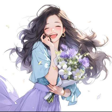 Anime girl holding flowers in her hand，With a smile on his face, With flowers, Guviz, she expressing joy, beautiful and smiling, laughing sweetly, Lovely smile, with a beautiful smile, Middle Metaverse, by Yang J, happy and spirited expression, and she smi...