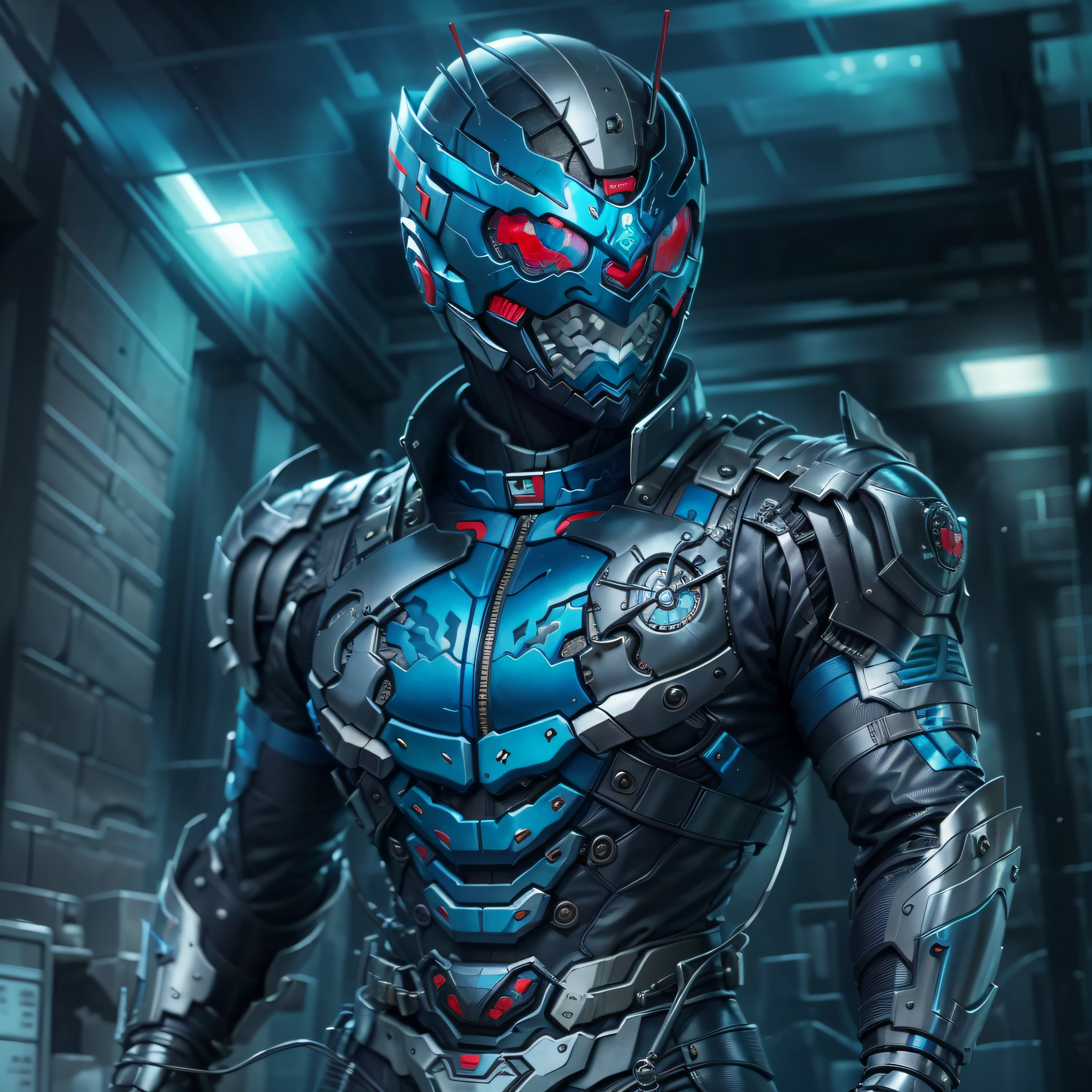 Blue Kamen Rider, Silver armor, gray and black clothes, blue TechSuit, agente secreto, Robot