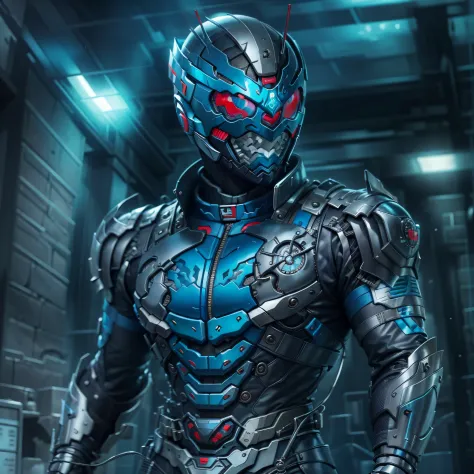 Blue Kamen Rider, Armadura prateada, roupa cinzenta e preta, blue TechSuit, agente secreto, Roboto