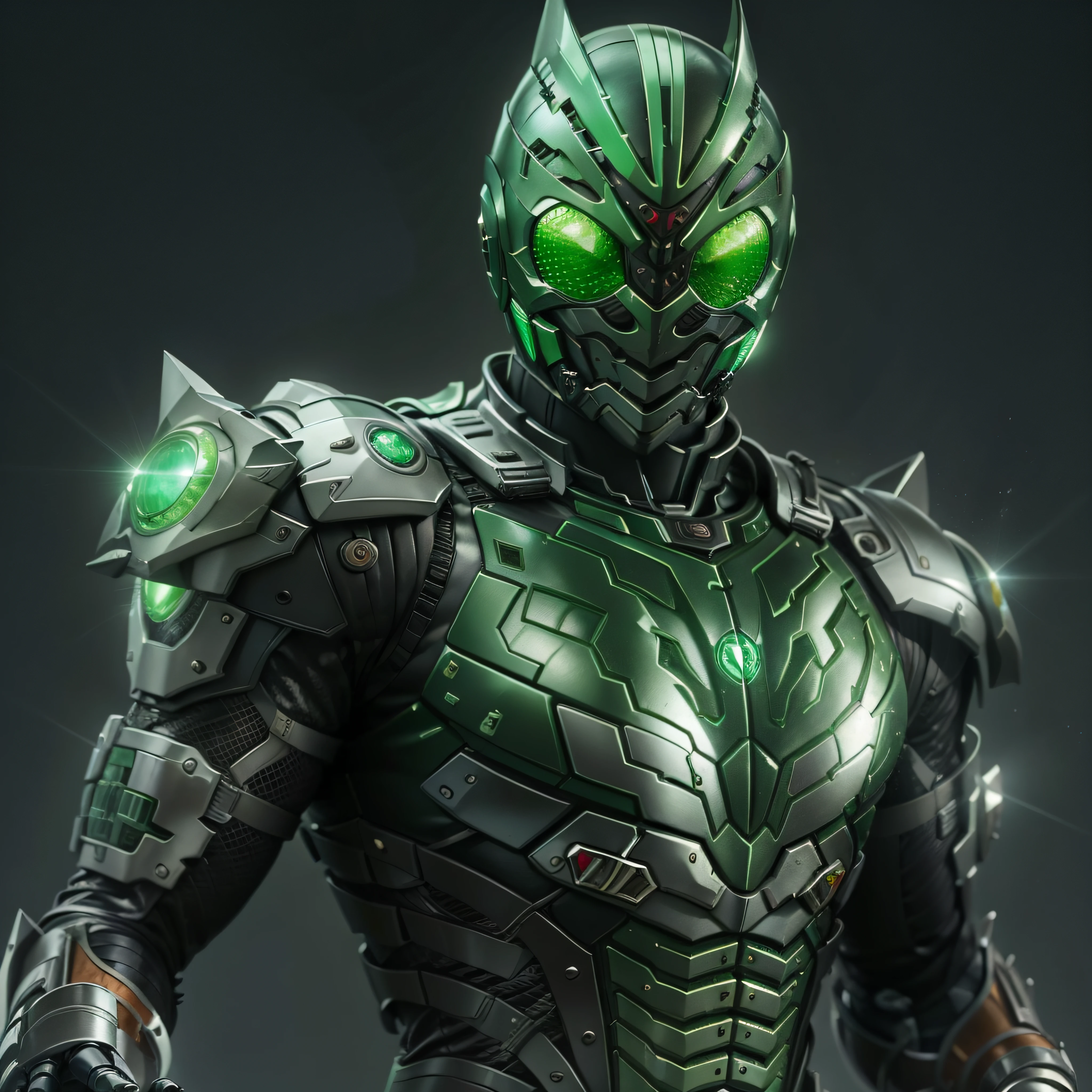 Green Kamen Rider, silver armor, gray and black clothes, green TechSuit, agente secreto, Robot