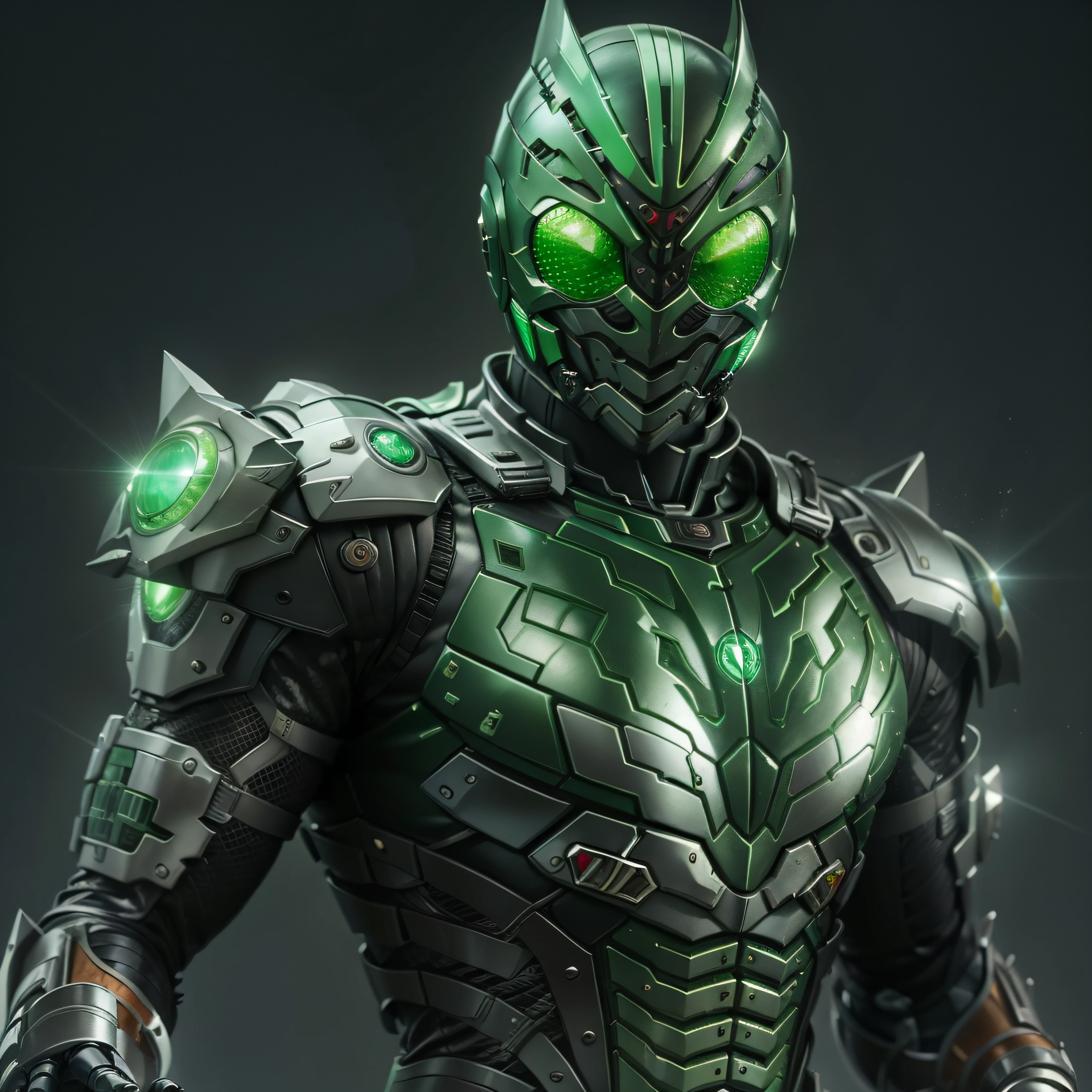 Green Kamen Rider, Armadura prateada, roupa cinzenta e preta, green TechSuit, agente secreto, Roboto