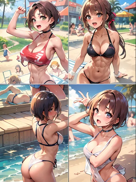NSFW, (4+girls:1.5), (alternate athlete swimsuit pool), tanned skin, dark tanned skin, oil, (muscular:0.7), thin waist, (abs:1.3), tan lines, dynamic poses, sexy interactions, girls playing beach volley, ball of beach volley, net, removing clothes, showing...