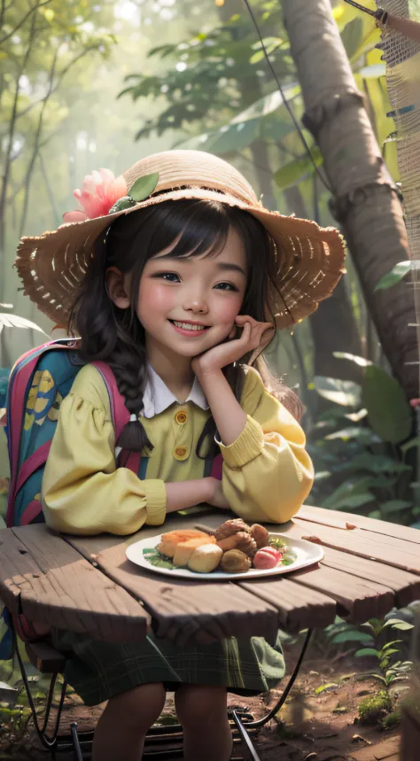 a little girl with delicate facial features is camping in the forest, there is a bunch of delicacies on the table in front of he...