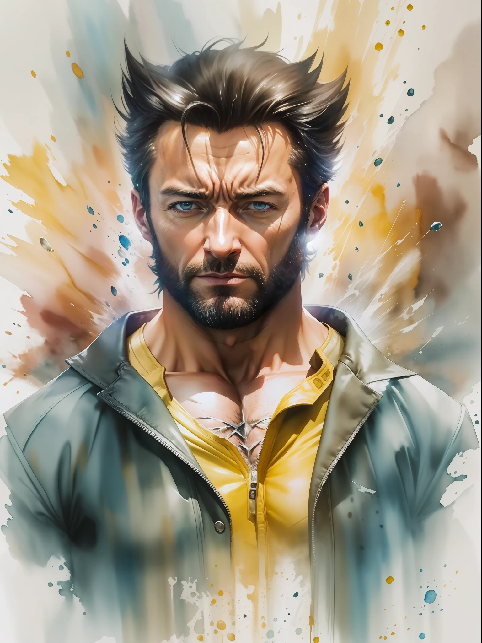 Dans cette aquarelle captivante, Wolverine X-man de Hugh Jackman, le charisme éclate en touches de couleur. Les aquarelles dynamiques capturent son talent polyvalent et sa présence saisissante, créer un portrait exquis