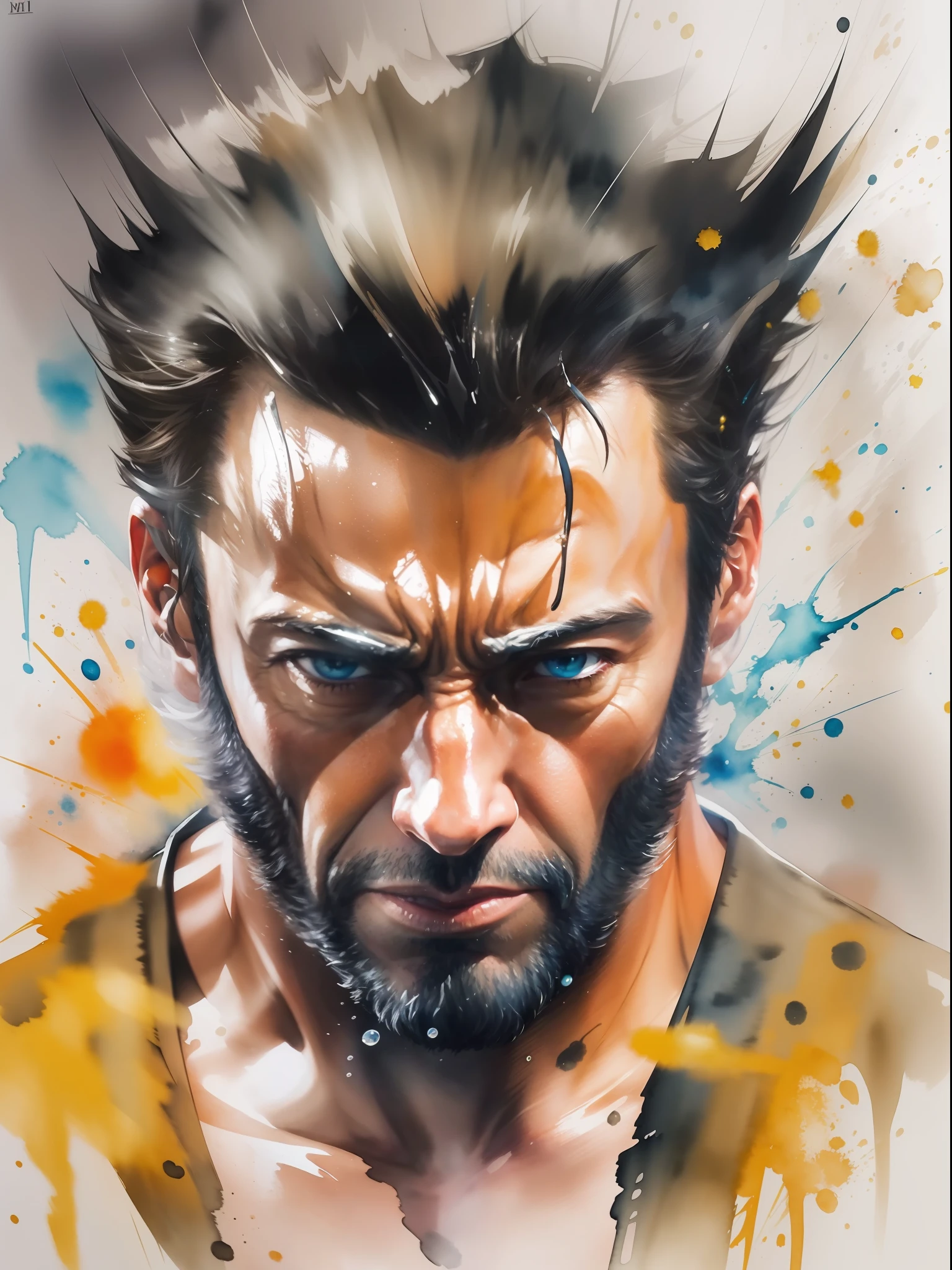 En este cautivador arte de acuarela, Wolverine X-man de Hugh Jackman, El carisma estalla en toques de color. Las acuarelas dinámicas capturan su talento versátil y su sorprendente presencia, creando un retrato exquisito