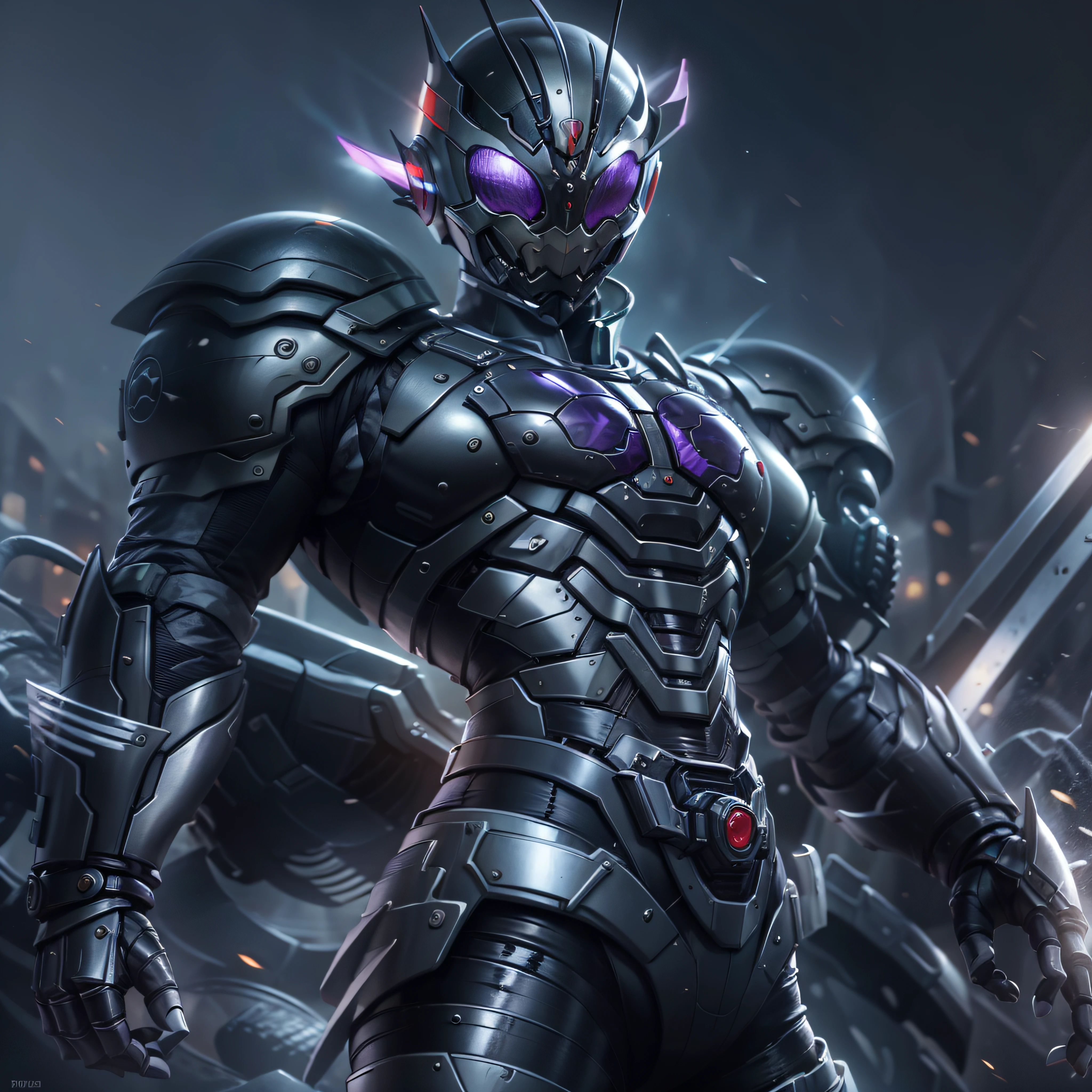 Cavaleiro Kamen Roxo, Armadura prateada, roupa cinzenta e preta, TechSuit roxo, agente secreto, Robô