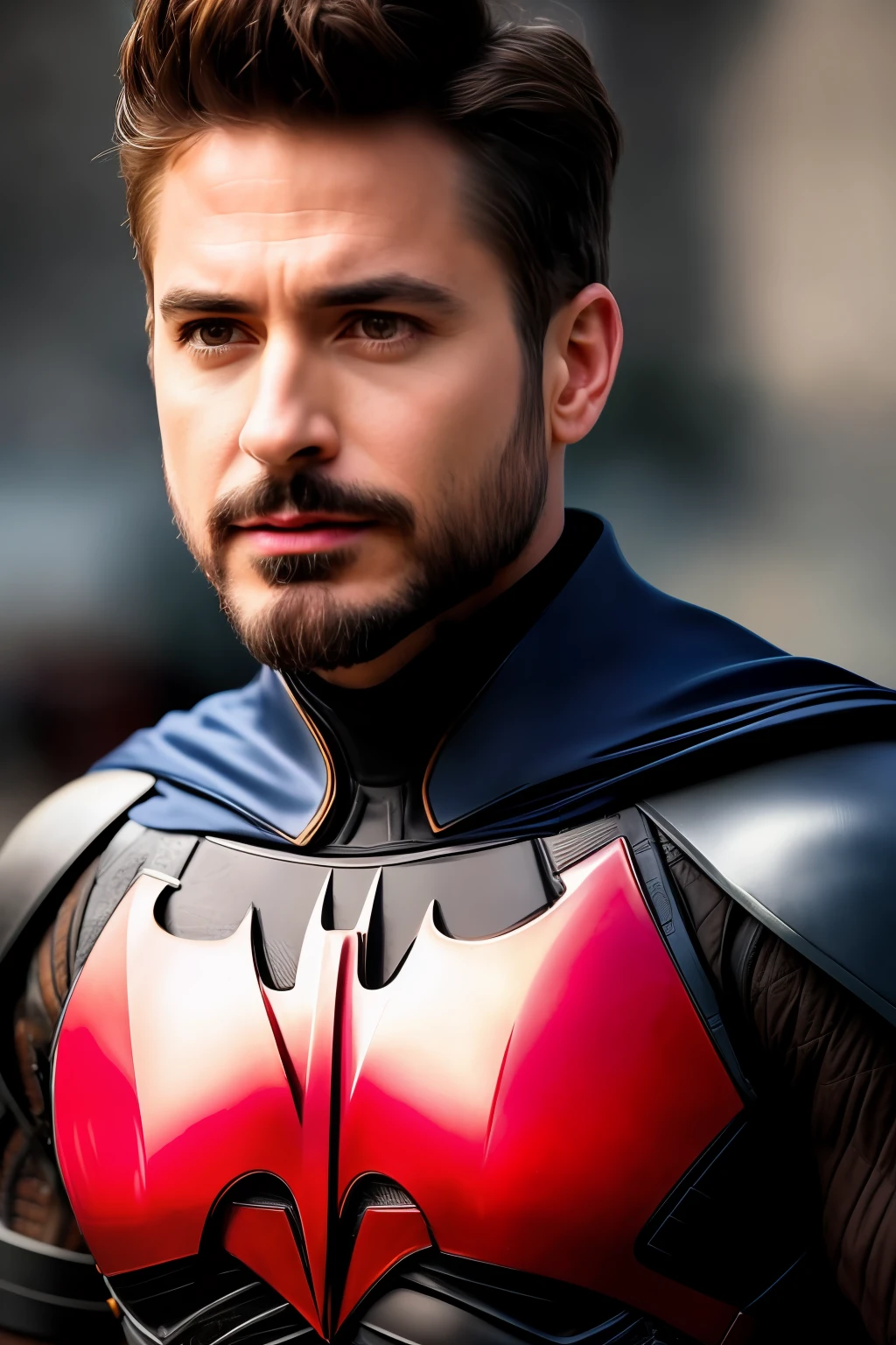 foto extremamente detalhada de um homem vestindo armadura de batman, barba curta elegante, sessão fotográfica de modelo, 8k hd, ultra detalhado, Fotografia RAW