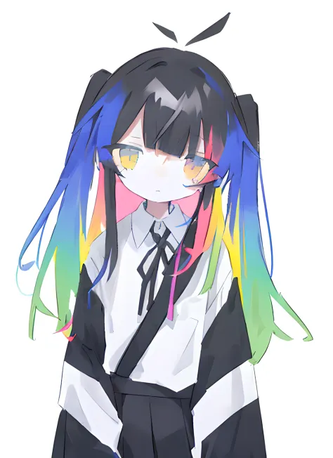 a girl with multicoloured black and rainbow ombre hair standing with her hands beside her, high res, windy, blank expression, wa...