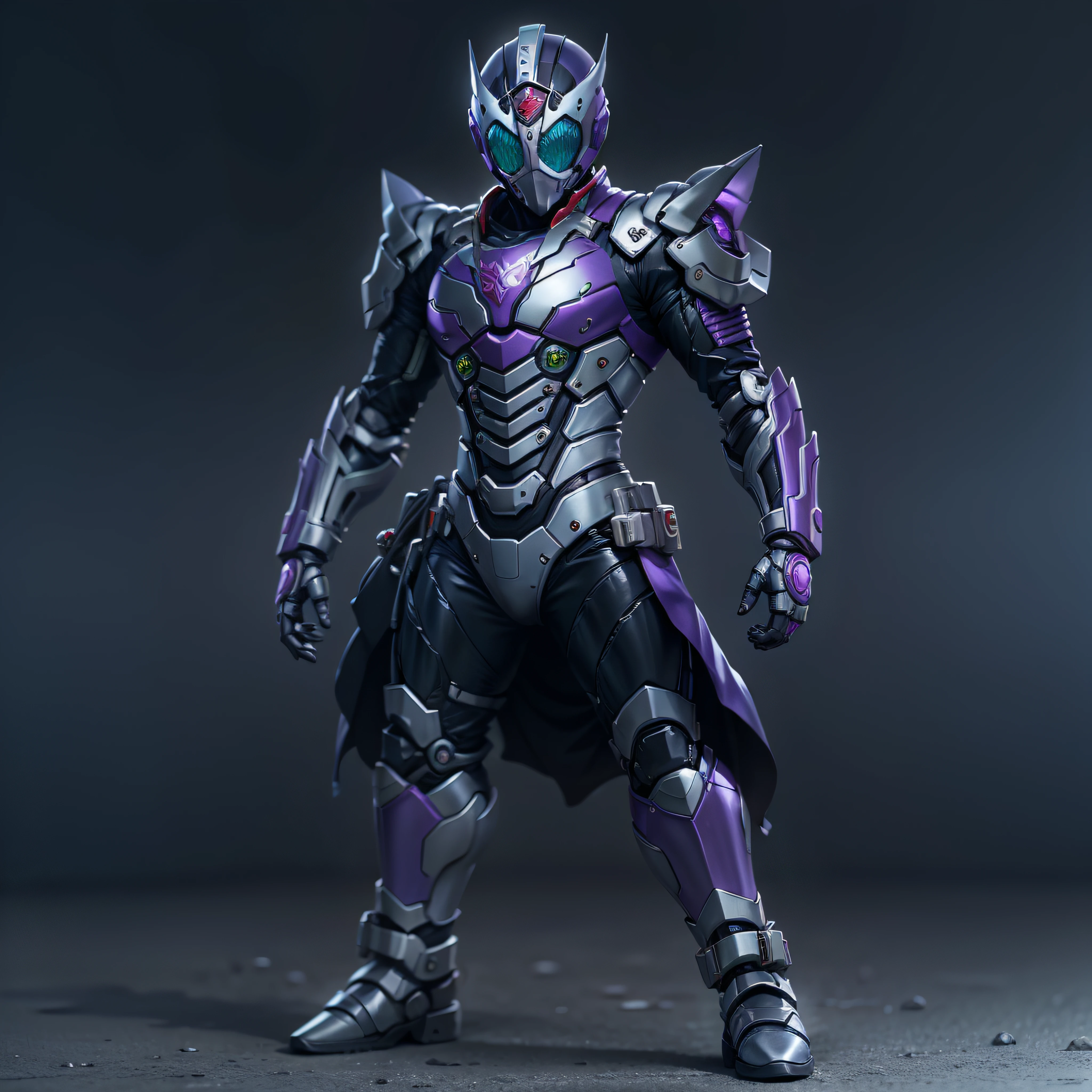 Jinete de Kamen púrpura, armadura de plata, ropa gris y negra, TechSuit morado, agente secreto, Roboto