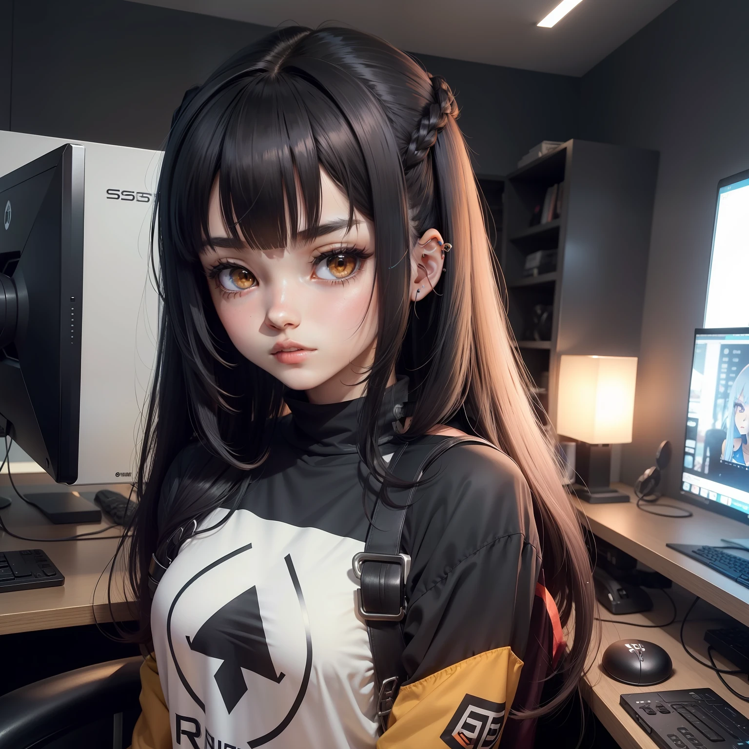 Anime girl with long black hair and a white shirt in front of a computer -  SeaArt AI