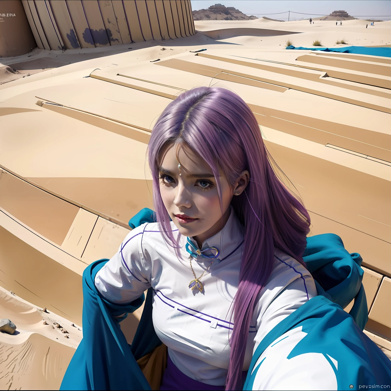 chica de cuerpo entero vestida de oficina su cabello es de color violeta  camina pensatica por un palacio del desierto