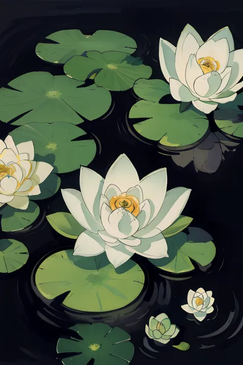 Pencil colors painting style, lotuses with leaves and water, a little bit gold color, no sky