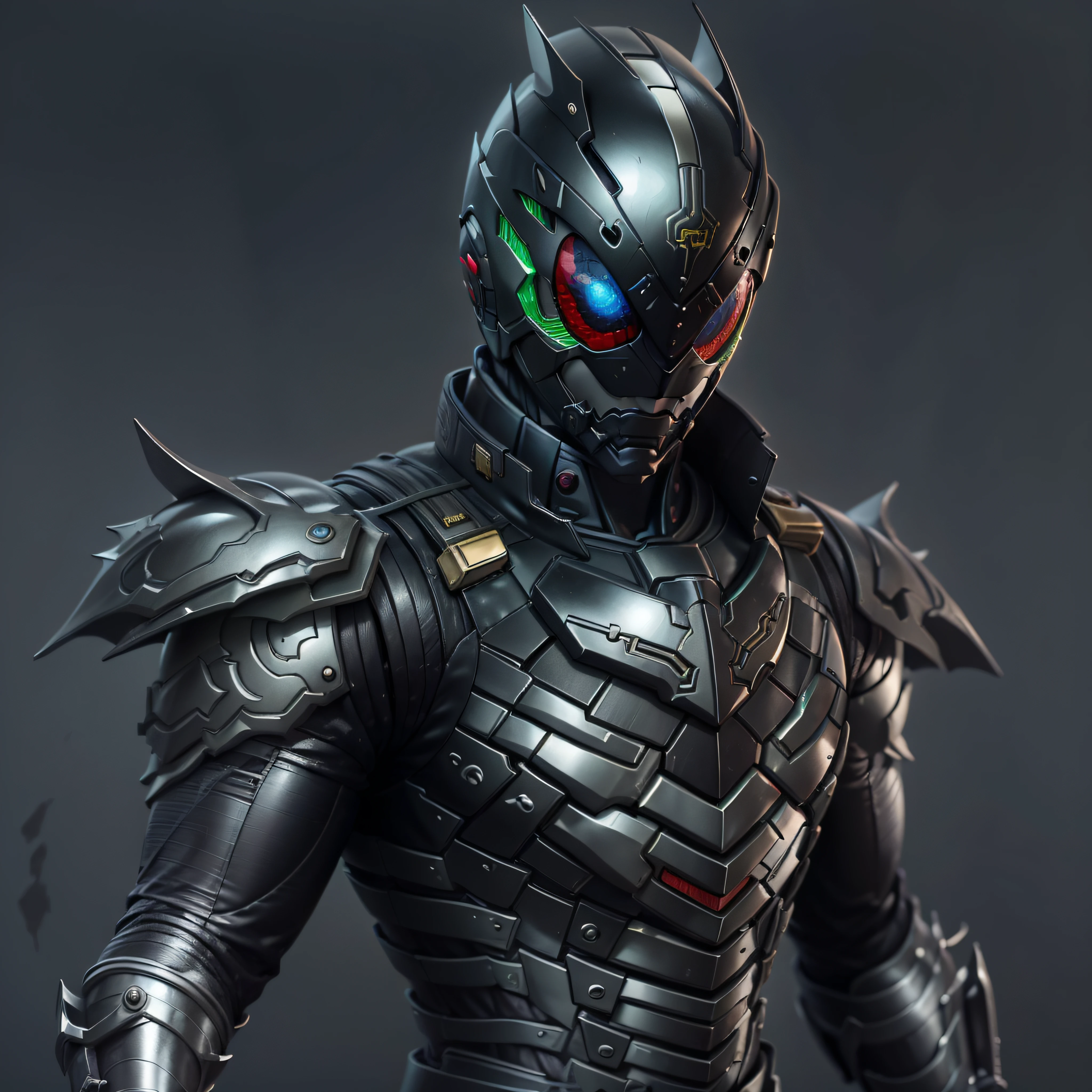 Cavaleiro Kamen Preto, Armadura prateada, roupa cinzenta e preta, TechSuit preto, agente secreto, Robô