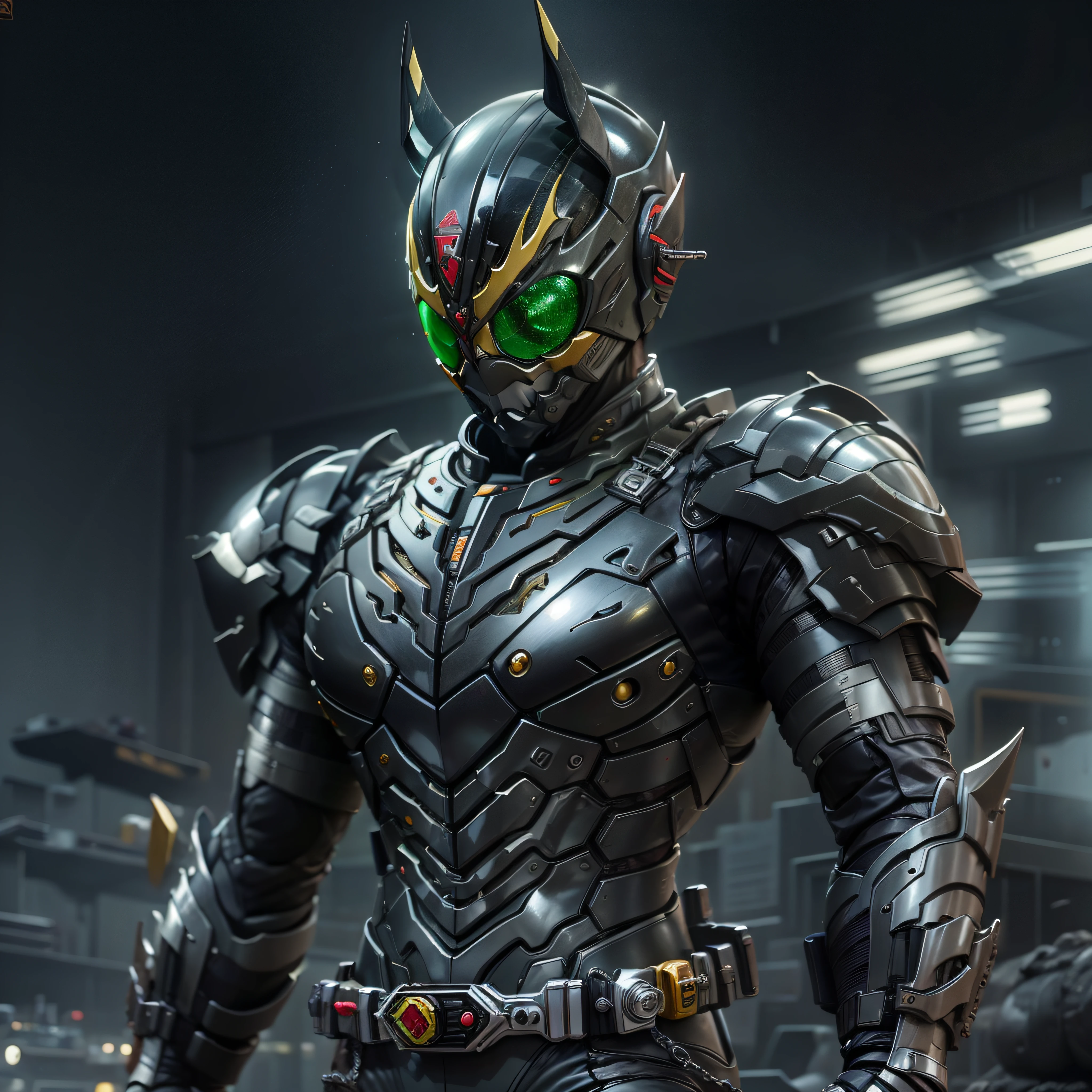 Cavaleiro Kamen Preto, Armadura prateada, roupa cinzenta e preta,  TechSuit preto cromado, agente secreto, Robô, capacete Rhino preto cromado