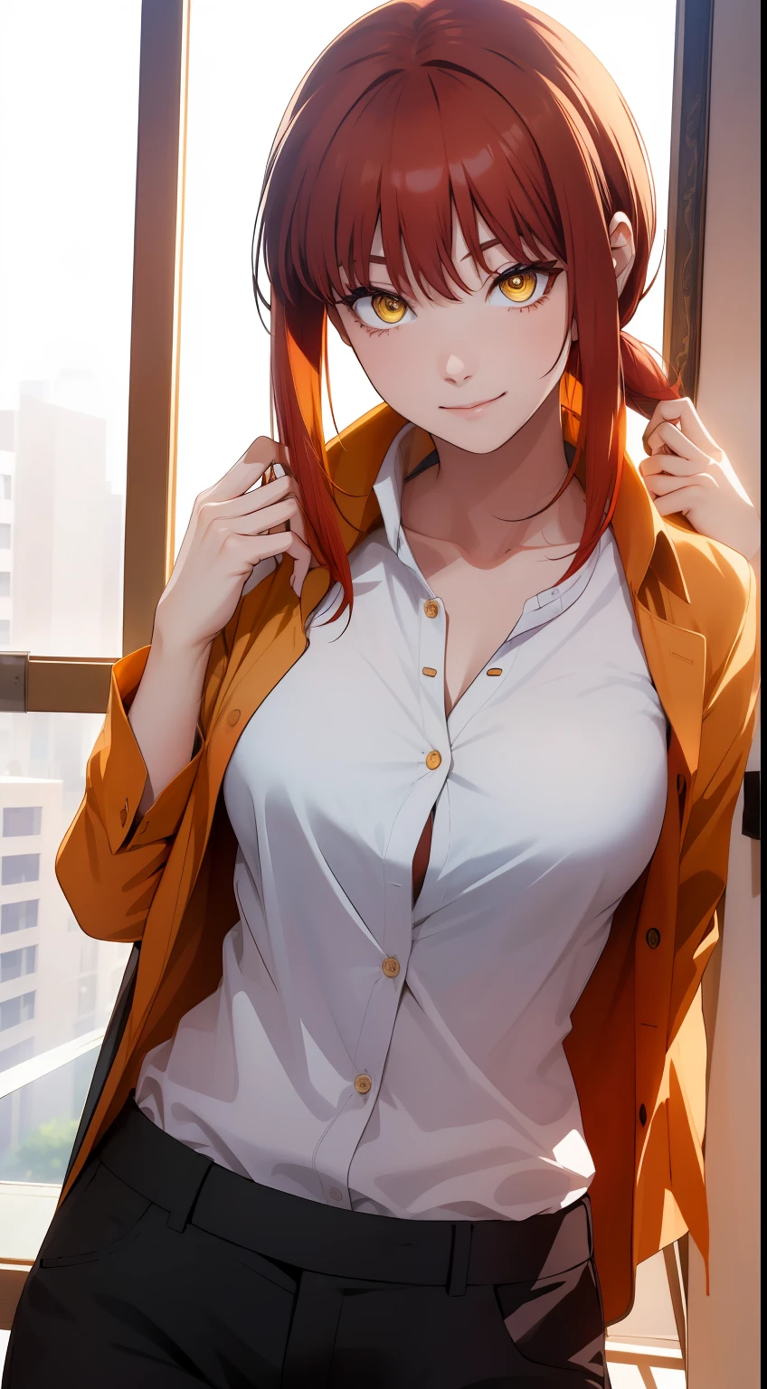 (masterpiece, best quality:1.2), solo, 1girl, red hair, yellow eyes, makima,, unbuttoned shirt with collar, on the chest, a lot of, black unbuttoned pants, wide hips,