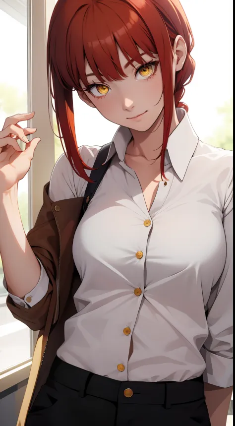 (masterpiece, best quality:1.2), solo, 1girl, red hair, yellow eyes, makima,, unbuttoned shirt with collar, on the chest, a lot ...