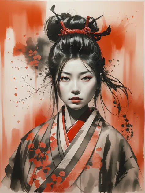 Portrait  of a samurai woman red and black ink painting