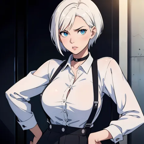 short_hair,white_hair,straight_hair,1girl,large_breasts,lips,looking_at_viewer,straight_hair,blue_eyes,collared_shirt,suspenders,white_shirt,unbuttoned_shirt,black_suspenders,black_pants,black_choker,hands_on_hips,determined_expression,mature