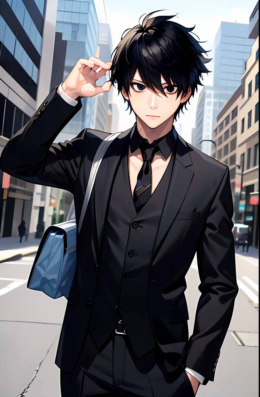 (masterpiece,best quality, detailed), 1boy, male focus, looking at viewer, upper body, outdoors, street,
l lawliet, formal, black suit, necktie, young, dark eyes