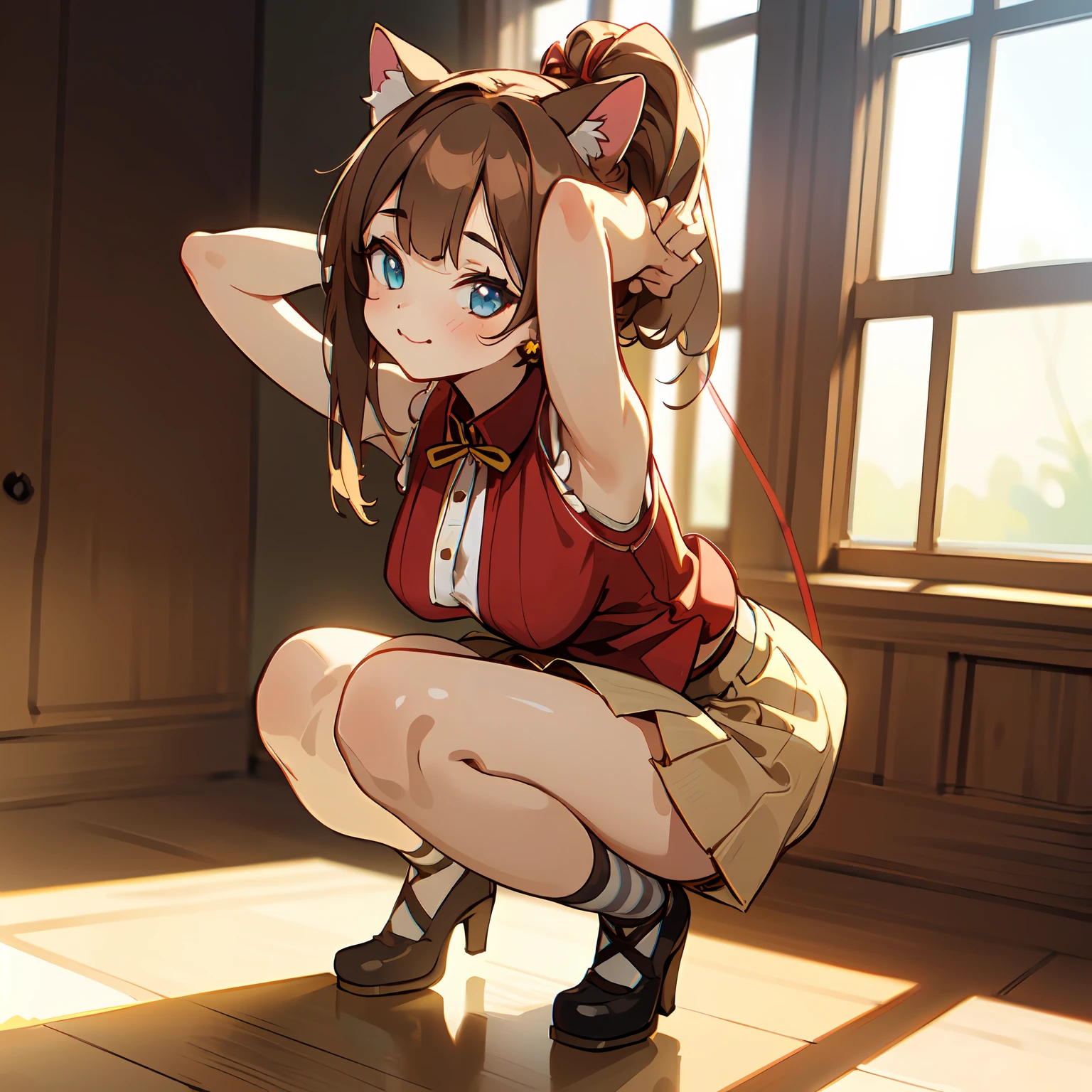 (Highly detailed CG Unity 8k wallpaper), (Best Quality), (Super Detail), (Best Illustration), (Best Shadow), POV, Realistic lighting and shading, Natural light, Lens flare effect, BREAK, 1 beautiful girl, Solo,(Cute:1.5),(Chibi:0.8), (kawaii:1.5),(Lori:0.5), BREAK,  ( (17 years old girl), Very detailed, colourfull, highest details, BREAK, (Huge breasts: 1. 2,), Clear skin, Beautiful skin, Shy skin, 1 beautiful girl, Brown hair, (Cat ears, Ponytail, medium-Long hair: 1. 2), (Light blue eyes, long eyelashes, Double eyelids: 1. 2), Solo,red blush,  gleaming skin, BREAK,(skirt by the,a miniskirt,Beige skirt:1.2), (Sleeveless, sleeveless shirts, Red Shirt:1.2),  (star-shaped earring:1.1), (Lace headband:1.0), (Cute back:1.3), (A smile,Happiness:1.1), (squatting,Arms behind your head,Open legs,Striped string pan:1.3),  (Angle from the front:1.1), BREAK, Holding down the skirt with both hands