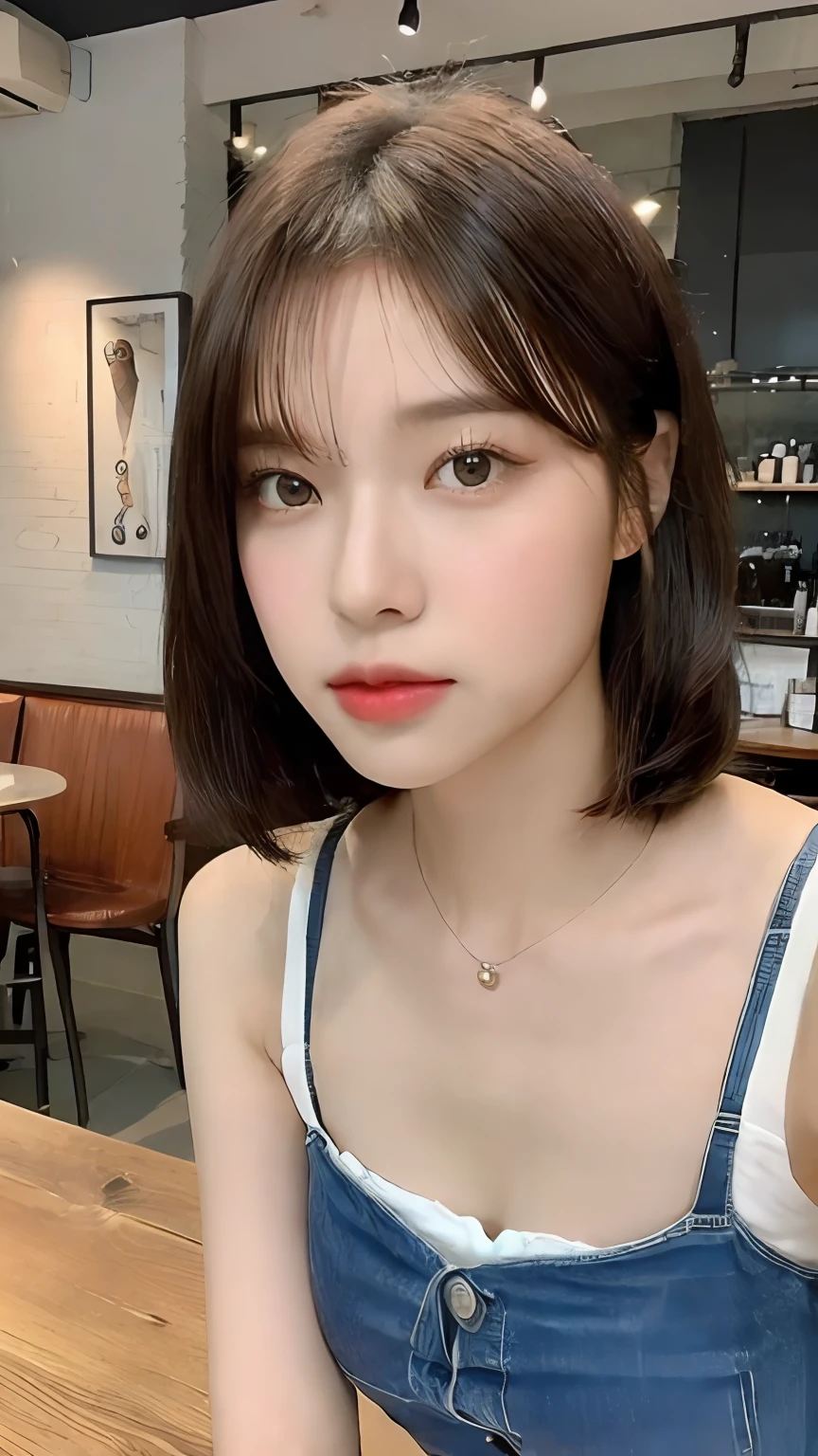 (realisitic、hight resolution:1.3)、1 girl with a perfect figure、Super thin face and eyes、length hair、Low Cut Tank Top:Short jeans、in a cafe、coffee on table、Colossal tits、Exposed cleavage　Navel out　Tie your hair up