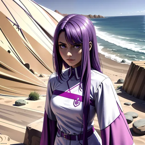 chica de cuerpo entero vestida de violeta y negr0, su cabello es de color violeta  camina pensativa por un palacio del desierto