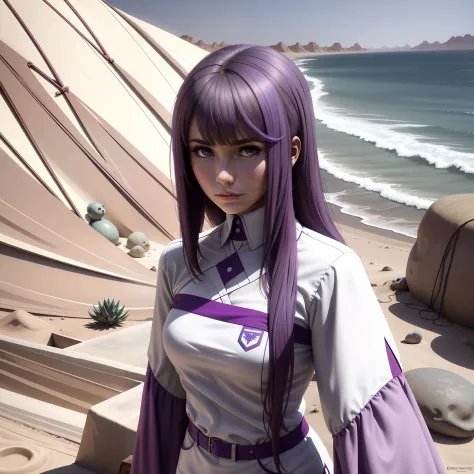 chica de cuerpo entero vestida de violeta y negr0, su cabello es de color violeta  camina pensativa por un palacio del desierto