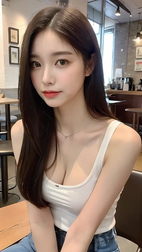 (realisitic、hight resolution:1.3)、1 girl with a perfect figure、Super thin face and eyes、length hair、Low Cut Tank Top:Short jeans...