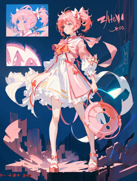 (girl, mahou shojo, pink dress, puffy, gilty gear style, concept art, character design, face front, face profile, side 2, all fr...