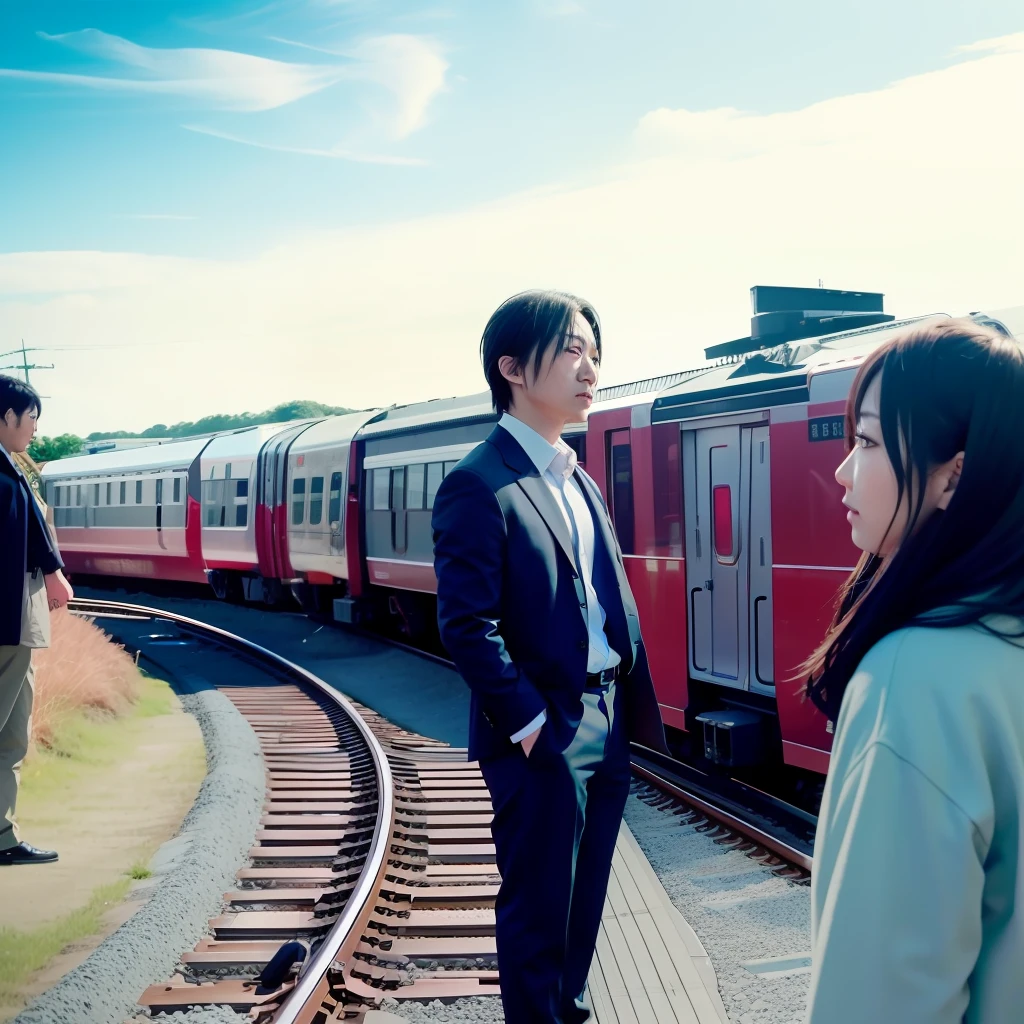 鐵軌上站著兩個人看著火車, 日本真人電影, 真人電影劇照, 真人電影場景, 紅線動畫電影風格, 真人改編, 晨光, 道教, 火车很远, 常见的, 生產仍在, 電影仍然是8k, 使用索尼 alpha 9 拍攝
