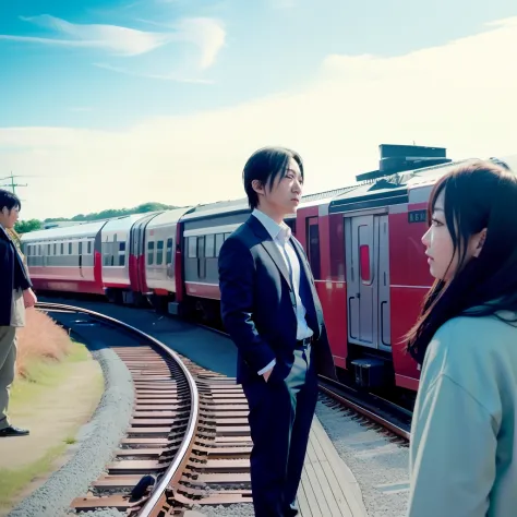 There were two people standing on the train tracks watching the train, japanese live action movie, still from live action movie,...